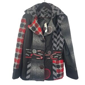 Kaktus Women's L  Coat Black Multicolor Patchwork Embroidered Button Jacket‎
